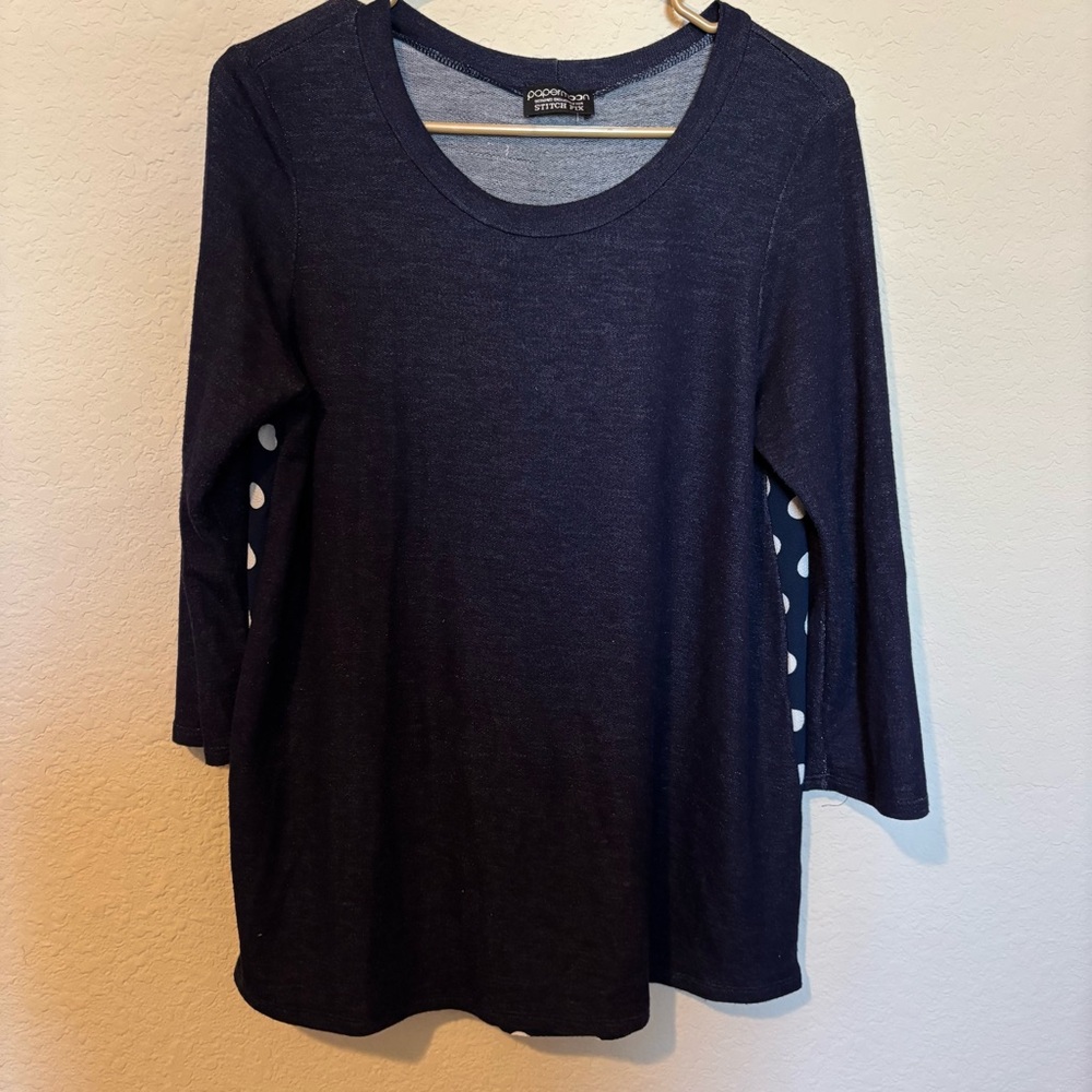 Papermoon Woman’s Blue White Polka Dot Long Sleeved Blouse, Size Medium